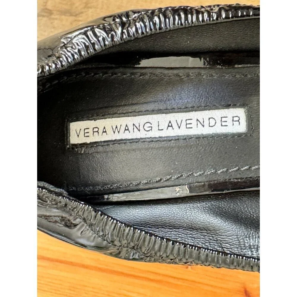 Vera Wang Lavender Ella Black Patent Leather Ballet Toe Wedge Heel Pumps Size 8